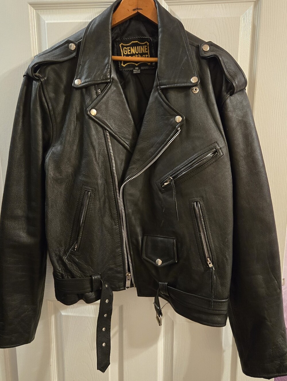 Genuine Leather Black Motorcycle Jacket - Vintage Size 50